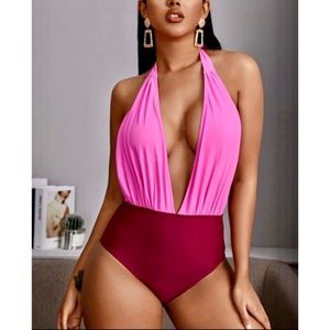 Two Tone Halter One Piece Swimsuit